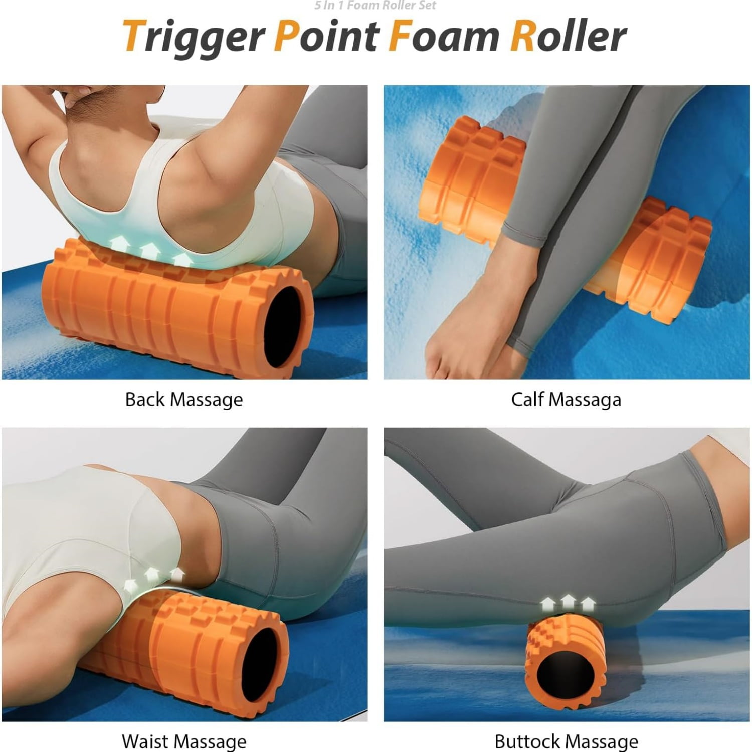 5 in 1 Foam Roller Set for Deep Tissue Muscle Massage, Trigger Point Fitness Exercise Foam Roller, Massage Roller, Massage Ball, Stretching Strap, for Whole Body