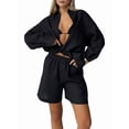 thumbnail image 2 of Women'S Cotton Cardigan Long Sleeve Top and Shorts Set Minimalist Solid Color Loungewear Outfit Black S, 2 of 9