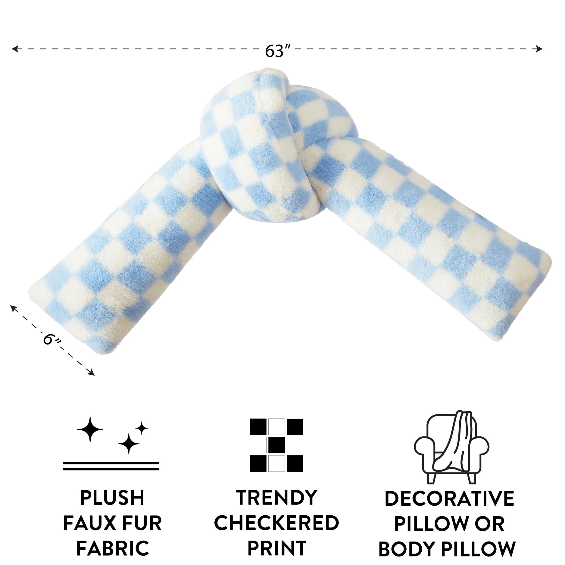 Mainstays Blue Checkered Knot Faux Fur Body Pillow, 22" L x 11" W