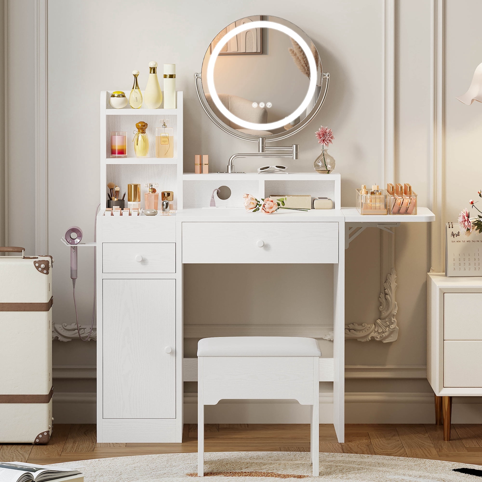IRONCK Makeup Vanity Table Set with Adjustable LED Mirror, Power Outlet & Storage Drawers, White