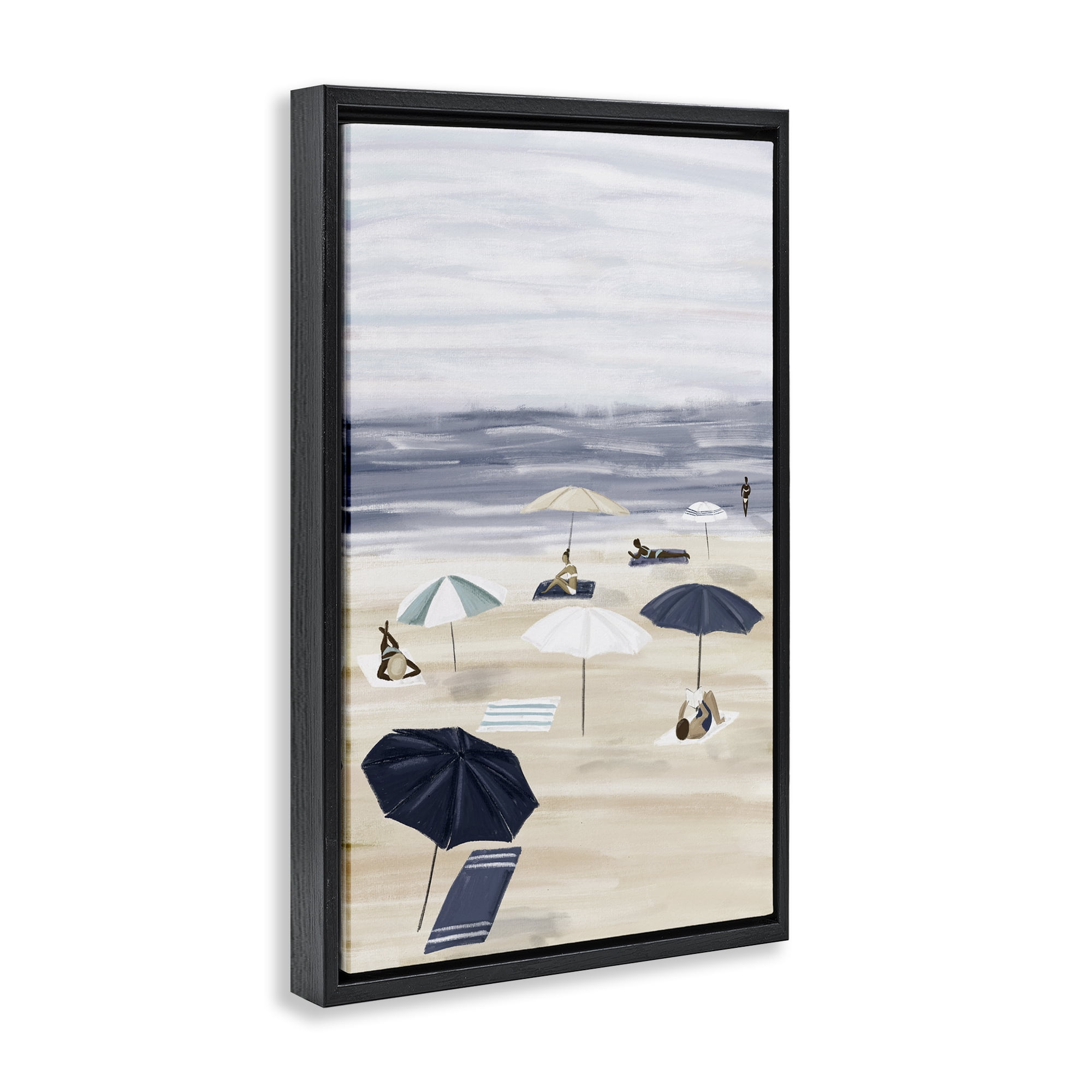 Stupell Industries Beachgoers with Umbrellas Nautical & Beach Painting Black Floater Framed Canvas Art Print Wall Art, 17 x 25