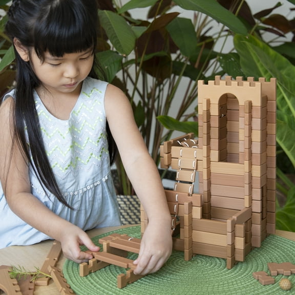 Guidecraft Tabletop Notch Blocks - Western 129 pc. Set with 10 Double-sided Activity Card: Montessori Building Blocks Set with Ladders and Bridge Pieces, Kids Natural Play Toy