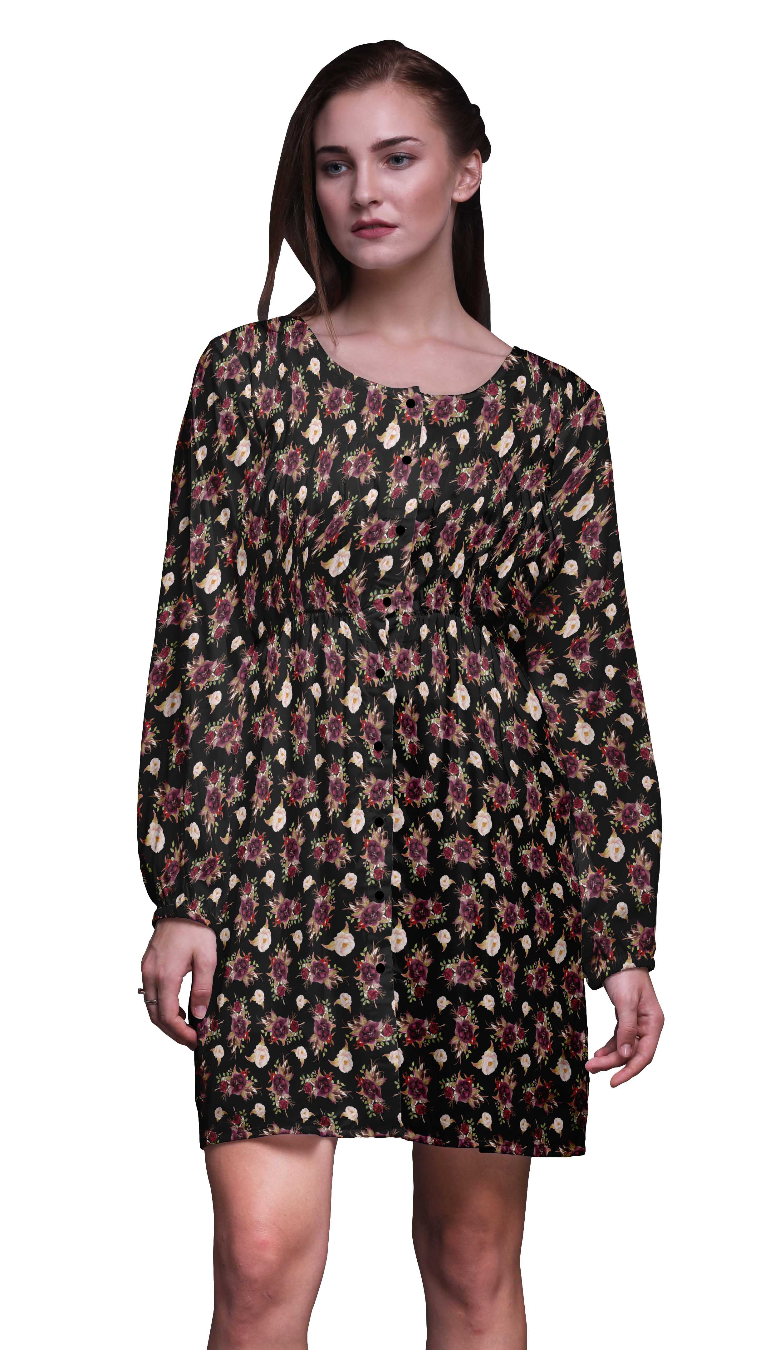 Bimba Black Leaves & Rose Floral Floral Print Button Down Long Sleeve ...