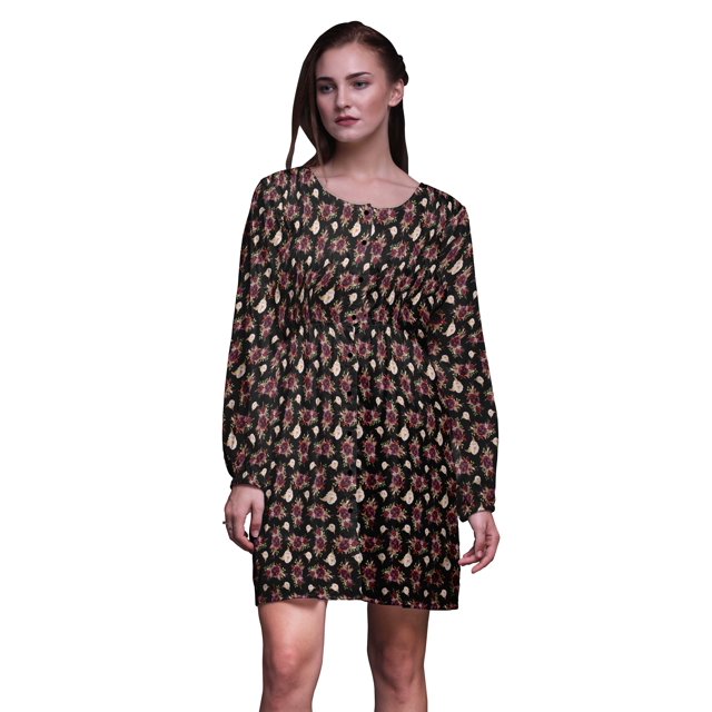 Bimba Robe Midi à Boutons Feuilles Noires & Roses Florales Chemise Femme Été Tunique Décontractée-TG