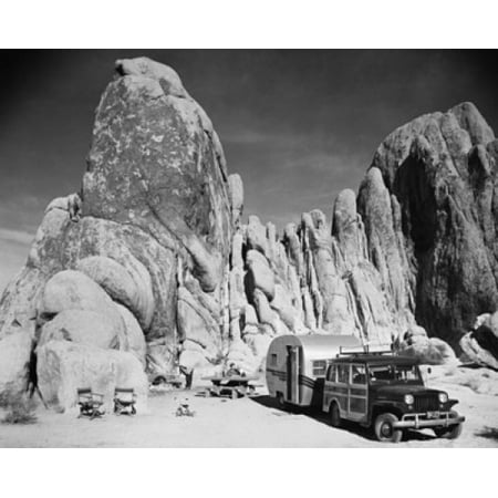 Motor home near cliffs Indian Cove Campground Joshua Tree National Park California USA Poster
