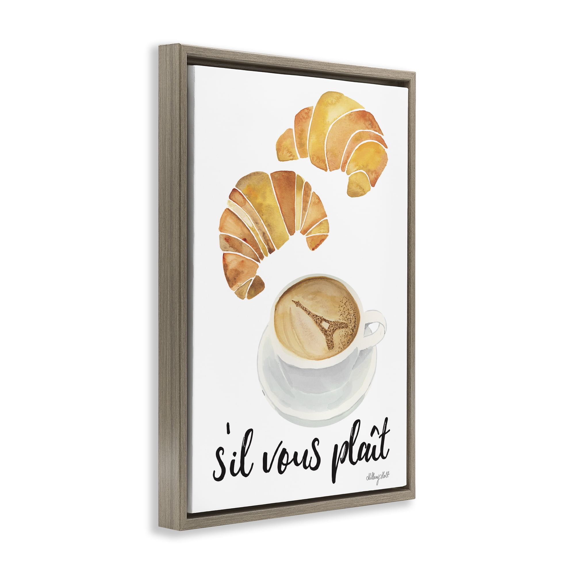 Stupell Industries Paris Croissant and Coffee Brown Framed Floater Canvas Wall Art, design by Hillary Holt