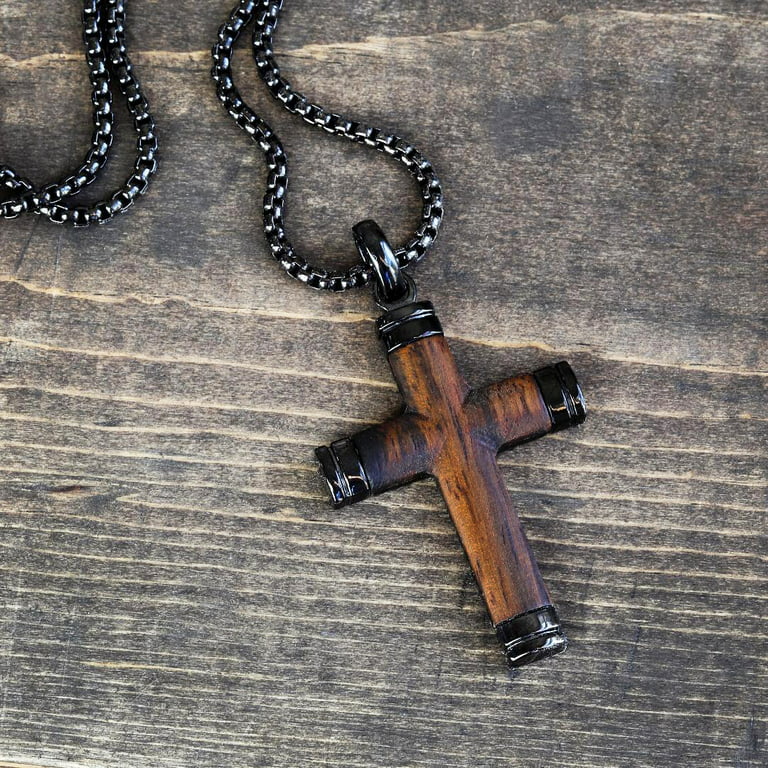 Metal Masters Co. Real Santos Wood Cross Necklace Pendant Black 24 Stainless Steel Chain