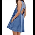 thumbnail image 3 of Vestido Minivestido de Mezclilla Sin Mangas para Mujer, Estilo Babydoll, Informal, de Verano, con Espalda Recortada, Corte en A, Holgado y Bolsillos Azul Oscuro M, 3 of 10