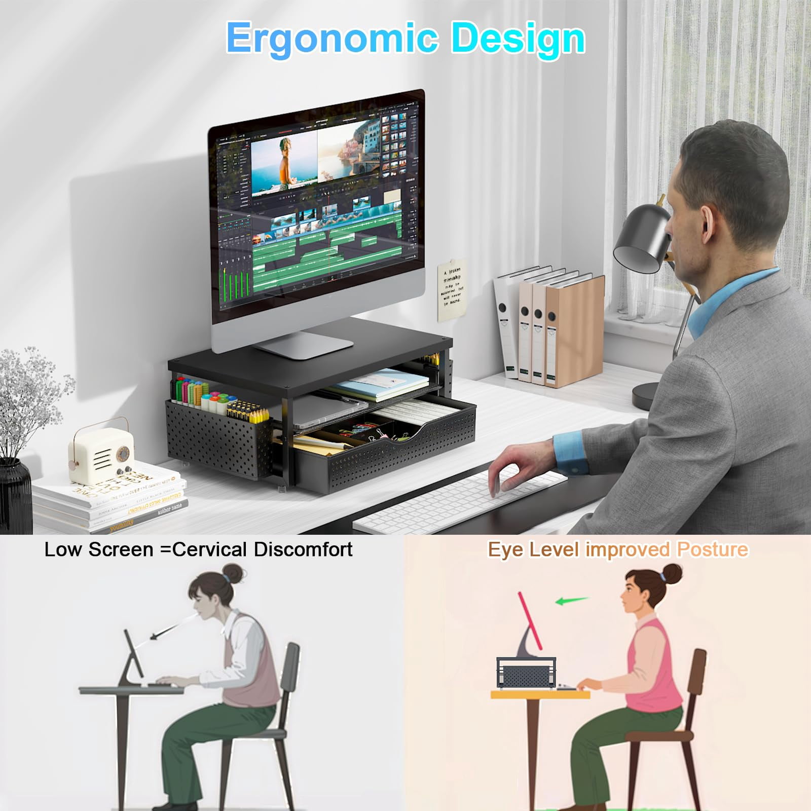 Wood Monitor Stand Riser  Office Desk Shelf Organizer With Drawer And Pen Holder 2-tier Computer Organization (ink)