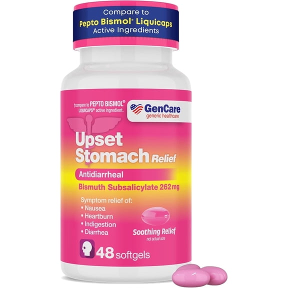 GenCare Bismuth Subsalicylate 262 mg Softgels Upset Stomach Relief, 48 Count