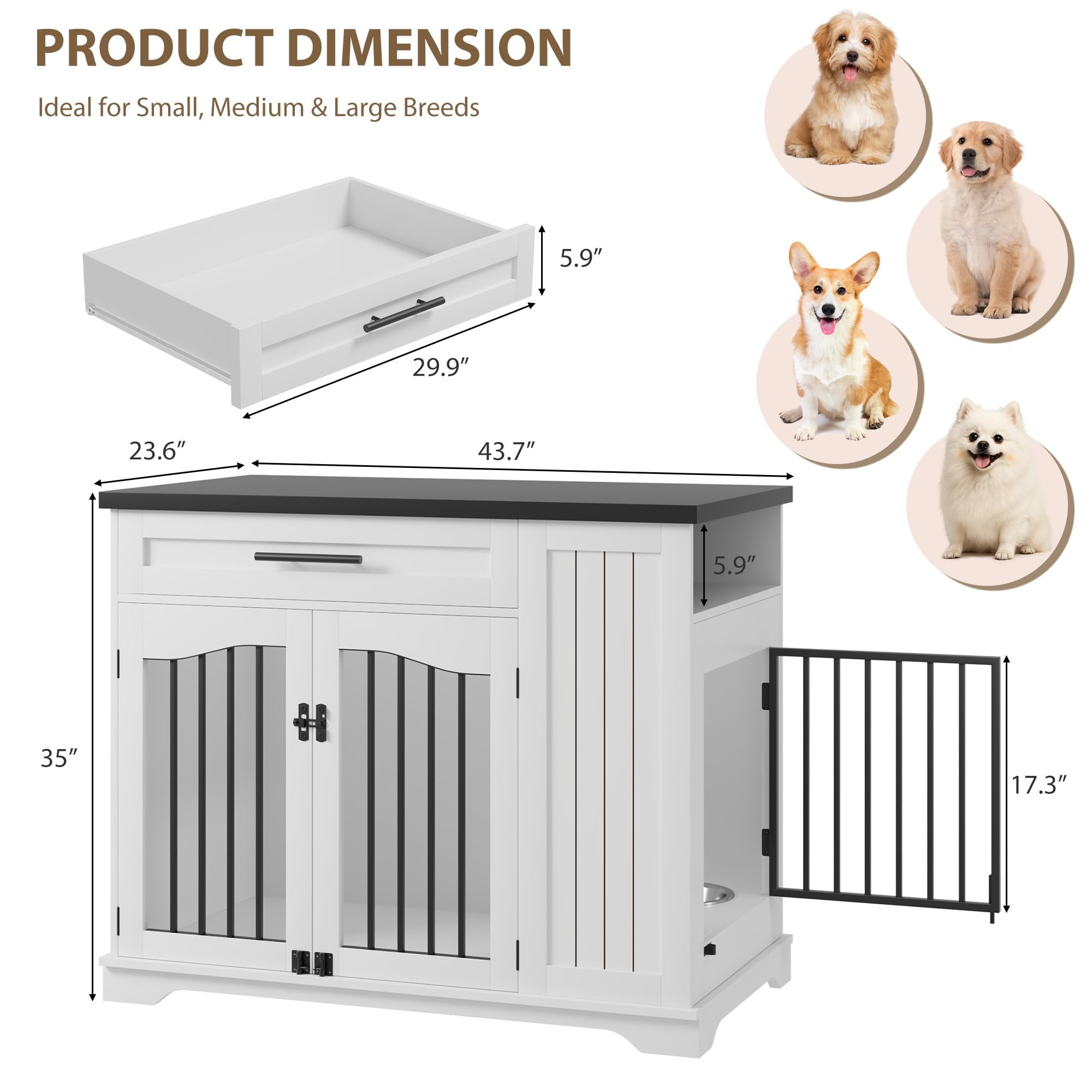 Garvee 43'' Dog Crate Furniture, Dog Kennel Indoor with 1 Big Storage Drawers and Hidden Feeding Bowl, Sturdy Wood Dog Crate with 2 Doors and Adjustable Shelf for Small, Medium Dogs White
