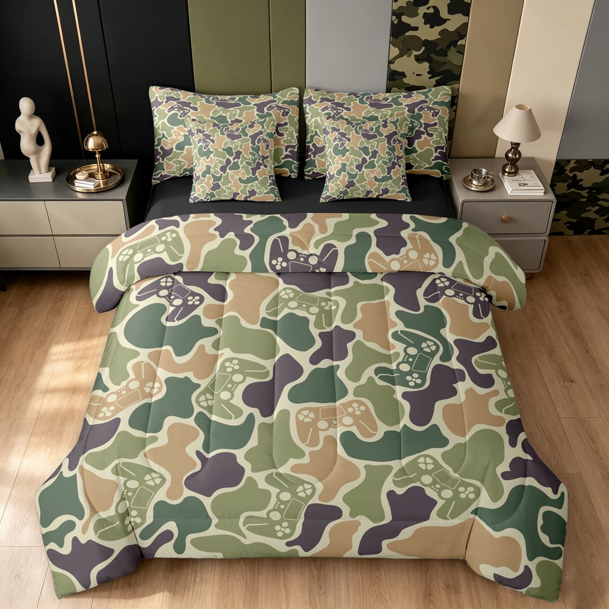 Manfei Retro Game Controller Queen Bedding Vintage Camo Bedding Comforter Set Queen Khaki Black Reversible 7 Pieces