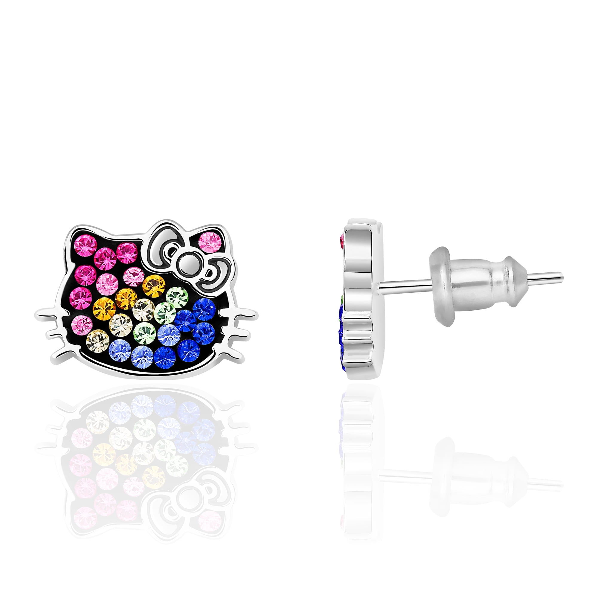 Sanrio Hello Kitty Womens Rainbow Crystal Stud Earrings - Silver Plated Rainbow Hello Kitty Earrings Officially Licensed