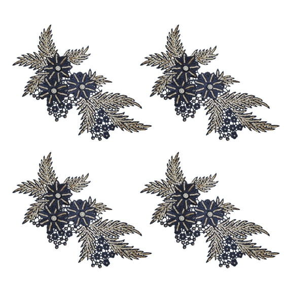 Uxcell 4 Pcs(2 Pairs) Flower Sequin Applique with Rhinestone Bead, 3D Embroidery Patch Sewing Addition Embellishments for Wedding Bridal Dress Clothes DIY Crafts Decor, Navy Blue