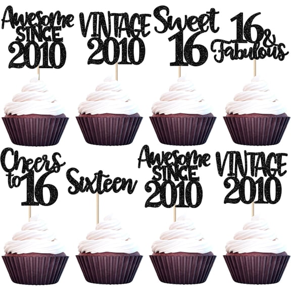 Sweet 16 Cupcake Toppers, Black Glitter, Vintage 2010 Picks, 16 & Fabulous Party Decorations, 12 Count