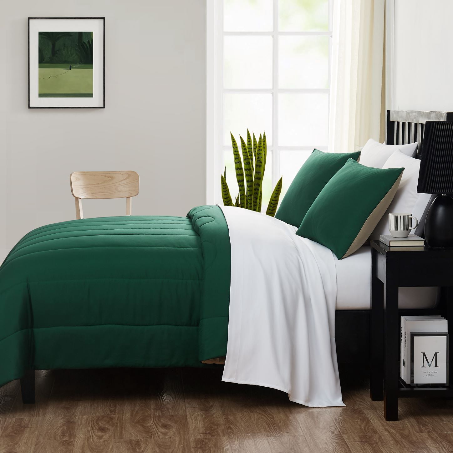 Mainstays 7 Piece Reversible Bed in a Bag Comforter Set with Sheets, Green, Queen