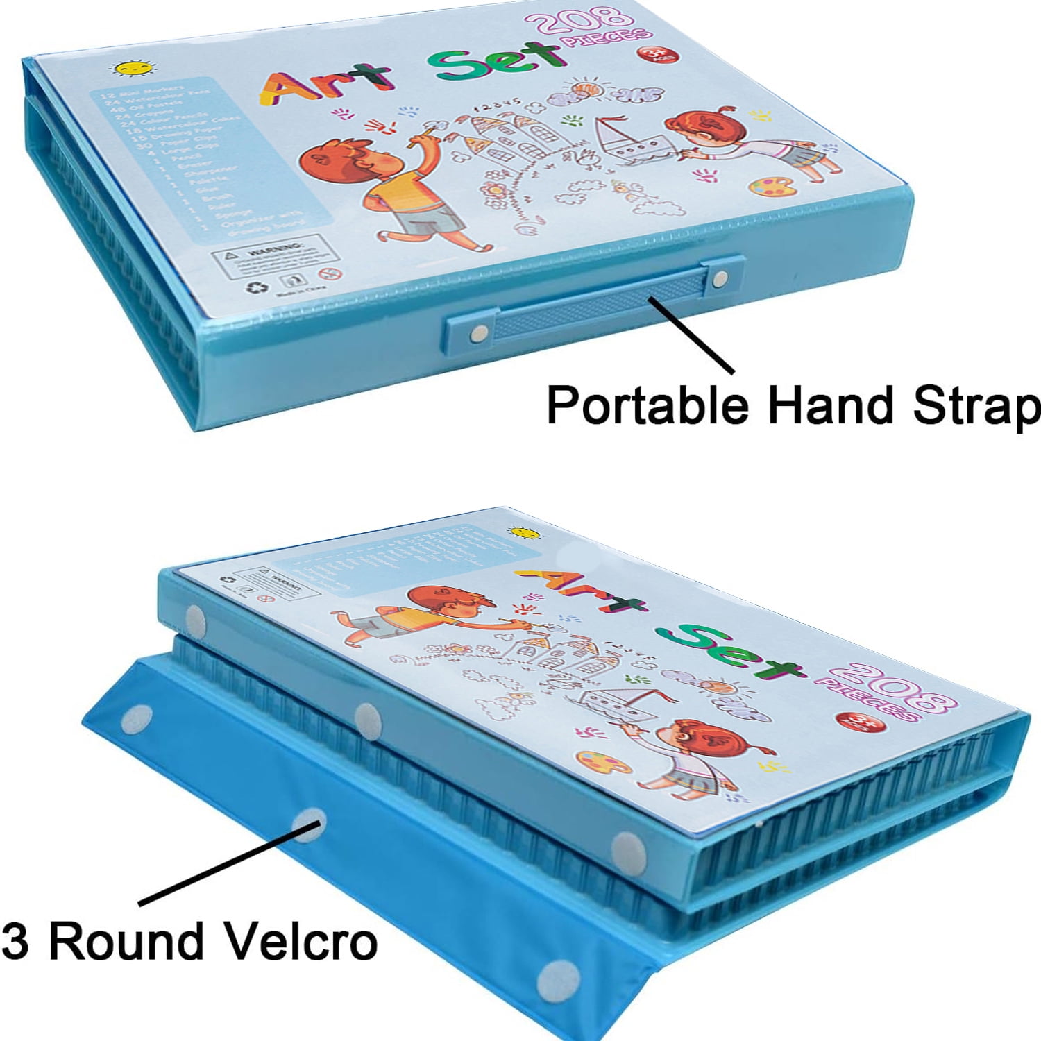 GoXteam 208-Piece Double-Sided Trifold Easel Art Set for Kids, Drawing Art Box with Oil Pastels, Crayons, Colored Pencils, Paint Brush, Watercolor Cakes, Drawing Board (Blue)
