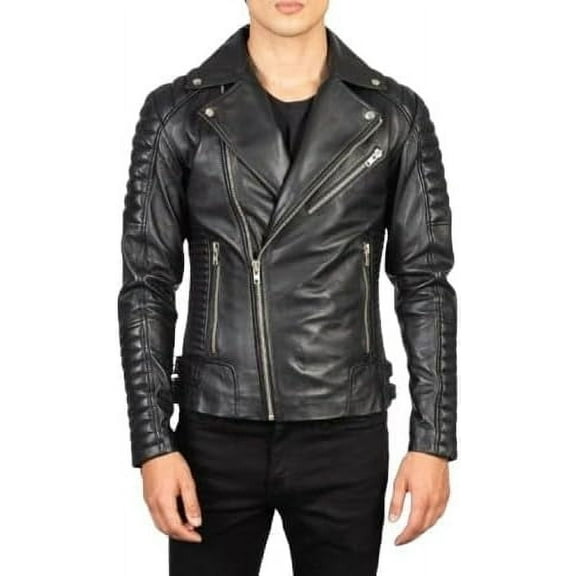 HIDE CRAFTS Men's Motorcycle Leather Jacket, Black, Quilted Shoulders, White Racing Stripes, Zip Front (US, Alpha, X-Large, Regular, Regular, Black)