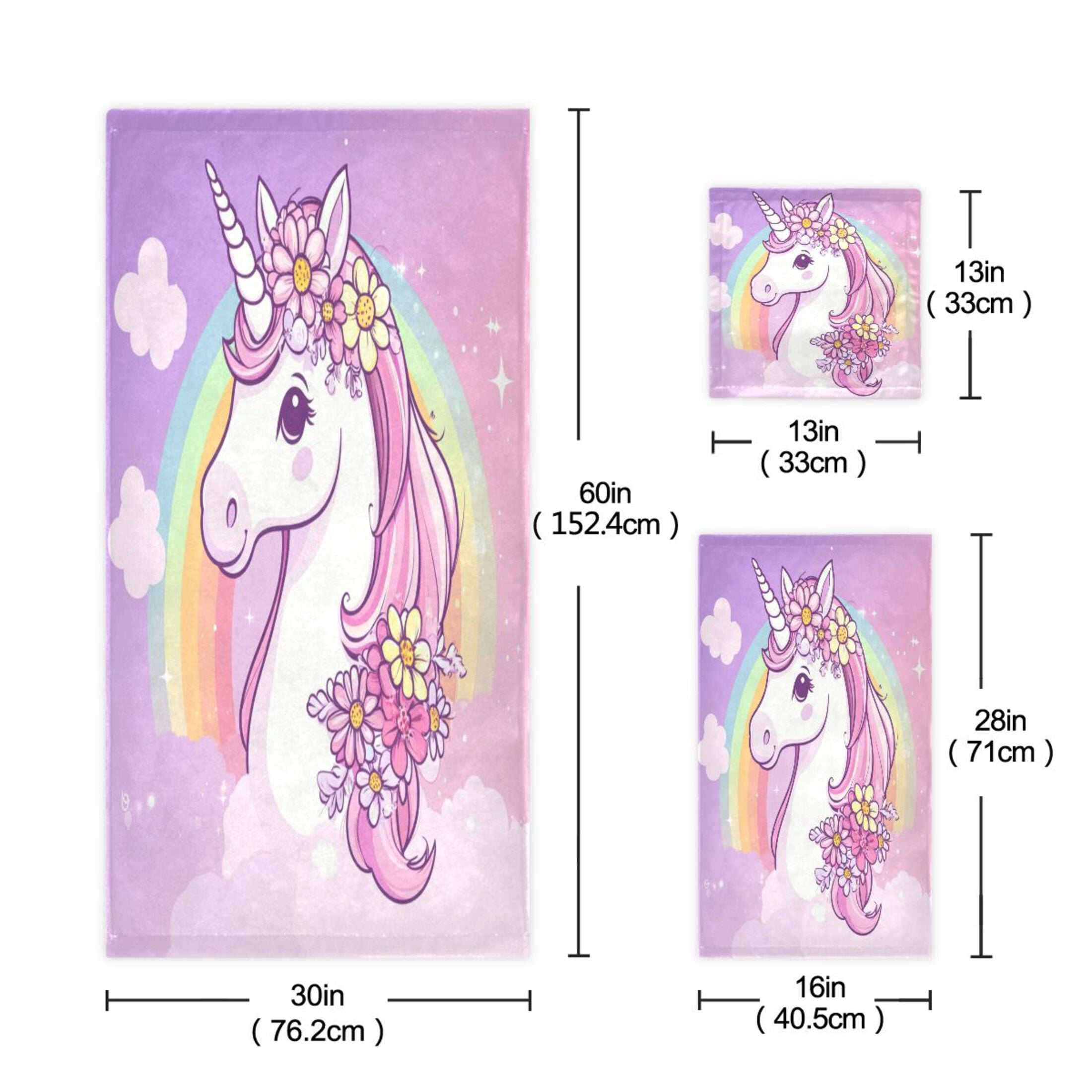 WOBOGO Rainbow Pony Ultra Soft 3 Pack Cotton Towel Set Includes 60 x 30in Bath Towel 28 x 16in Face Towel and 13 x 13in Small Square Towel for Everyday Use Lightweight and Compact