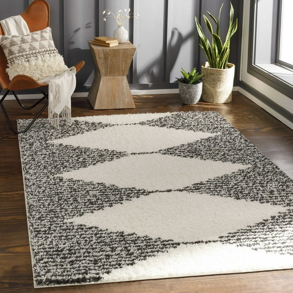 Mark&Day Area Rugs, 7x9 East Carondelet Global Shag Cream Area Rug, Black Cream Carpet for Living Room, Bedroom or Kitchen (6'7" x 9')