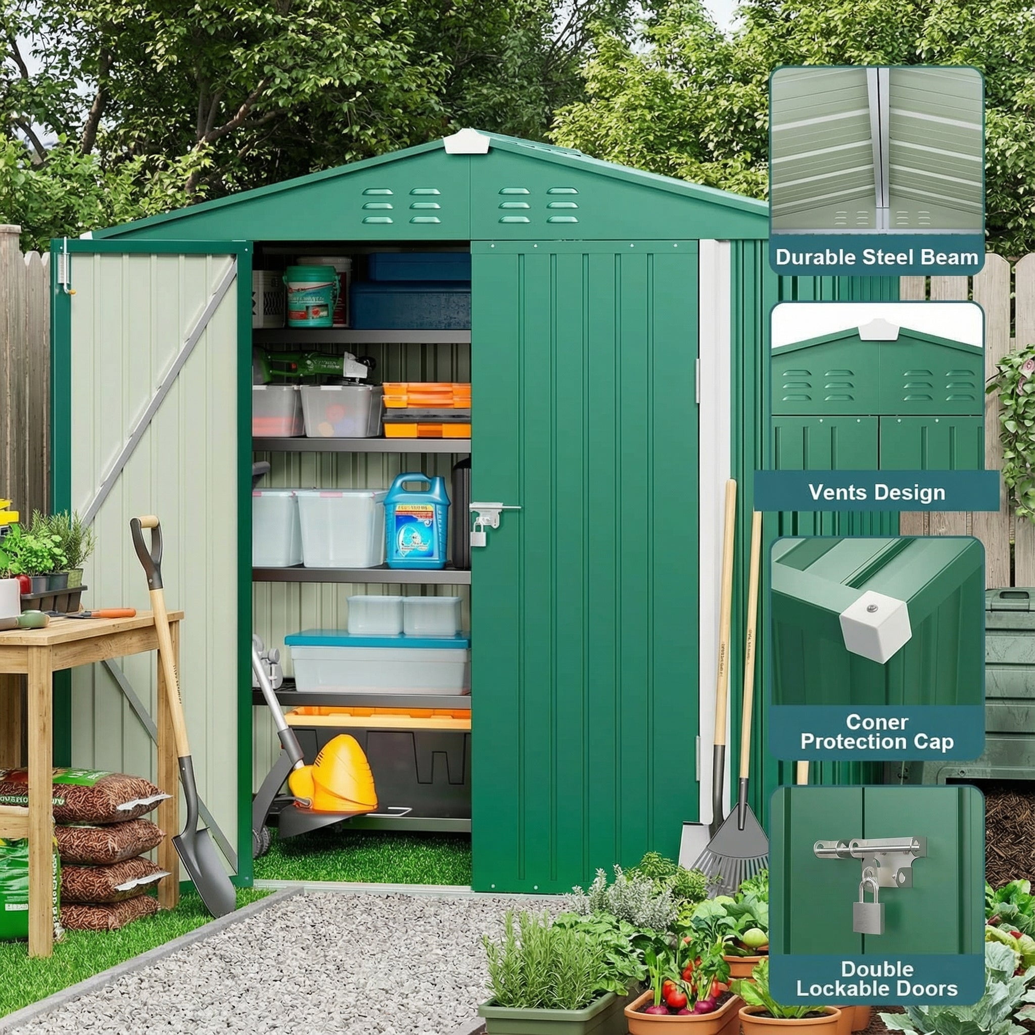 6' x 4' Outdoor Storage Shed, Weather-Resistant Iron Garden Shed with Lockable Double Doors for Backyard/Patio/Lawn, Green