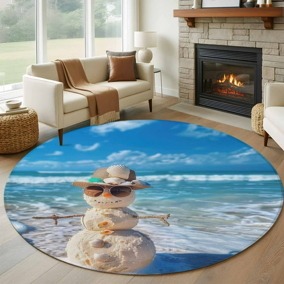 Coastal Snowman Christmas Round Area Rug 5 FT, Non Slip Bedroom Area Rug, Xmas Beach Sea Nautical Washable Soft Circular Carpet Non-Shedding Floor Mat for Kitchen Dining Room Foyer Balcony Dorm