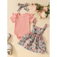 thumbnail image 5 of Aojekbee Baby Girls Summer Outfit Ribbed Short Sleeves Rompers and Floral Suspender Skirt Headband 3 Piece Clothes Set, 5 of 10