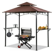 NiamVelo Grill Gazebo 8'x 5' Barbecue Canopy BBQ Gazebo Canopy Tent w/Air Vent Double Tiered Outdoor,Brown