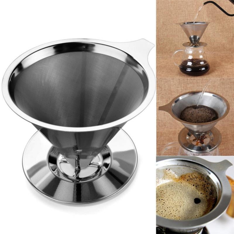 Stainless Steel Pour Over Cone Dripper Coffee Filter w Cup Stand Reusable