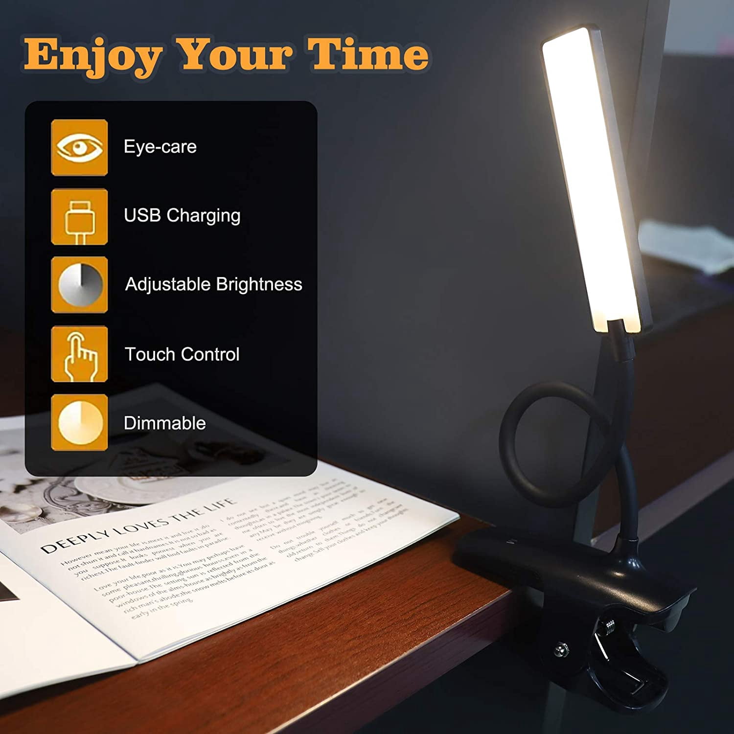 Esbaybulbs Led Book Light, Rechargeable Desk Lamp, 24 LED Clamp Reading Bedside Lamp, 3 Color Temperature and 3 Brightness, Flexible Clip Table Lamp (Black)