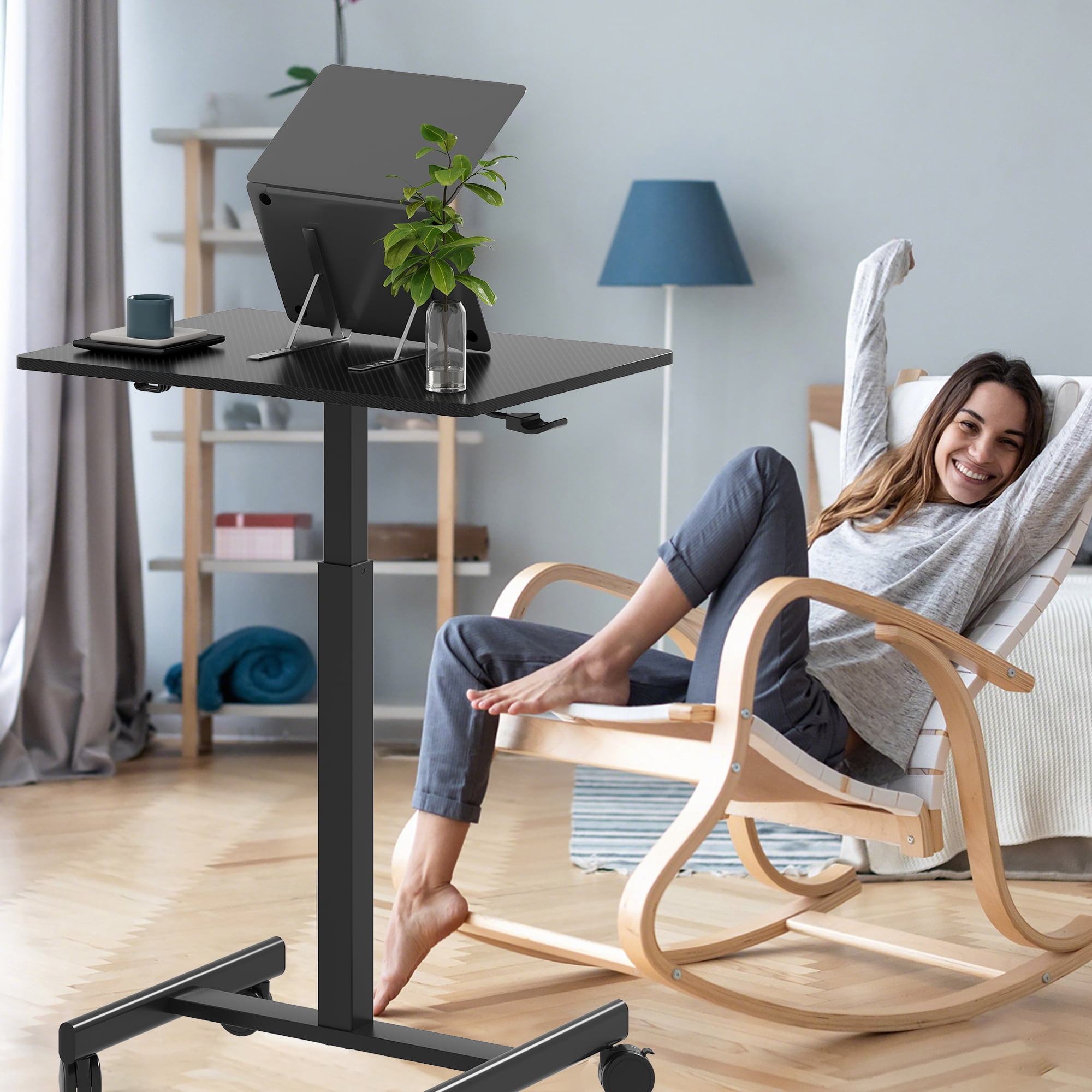 26"×19" Carbon Fiber Mobile Height Adjustable Desk, Gas Spring Sit-Stand Mini Desk with Lockable Casters & Headphone Hook, H-Shape Steel Base