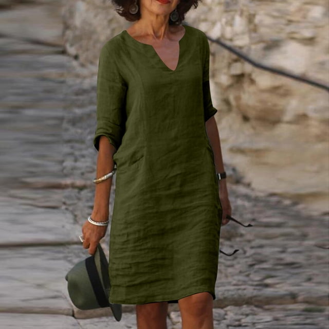 Puntoco Vestido De Manga Corta Con Cuello En V, Vestido Casual Con Cuello En V De Manga Tres Cuartos De Color Sólido Estilo Festivo Simple Para Mujer Verde Militar Xxxl