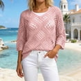 thumbnail image 2 of CaComMARK PI Crochet Tops for Women 3/4 Length Sleeve V-Neck Hollow Out Knit Sweater Shirt Summer Lightweight Beach Cover Ups Purple, 2 of 5
