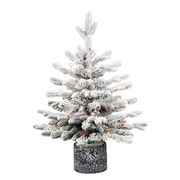 Bringstar 2FT Pre-lit Potted Flocked Christmas Tree, Snow Frosted Mini Tabletop Artificial Christmas Tree, Small Fake Christmas Tree with 30 Warm White LED Lights for Holiday Decoration