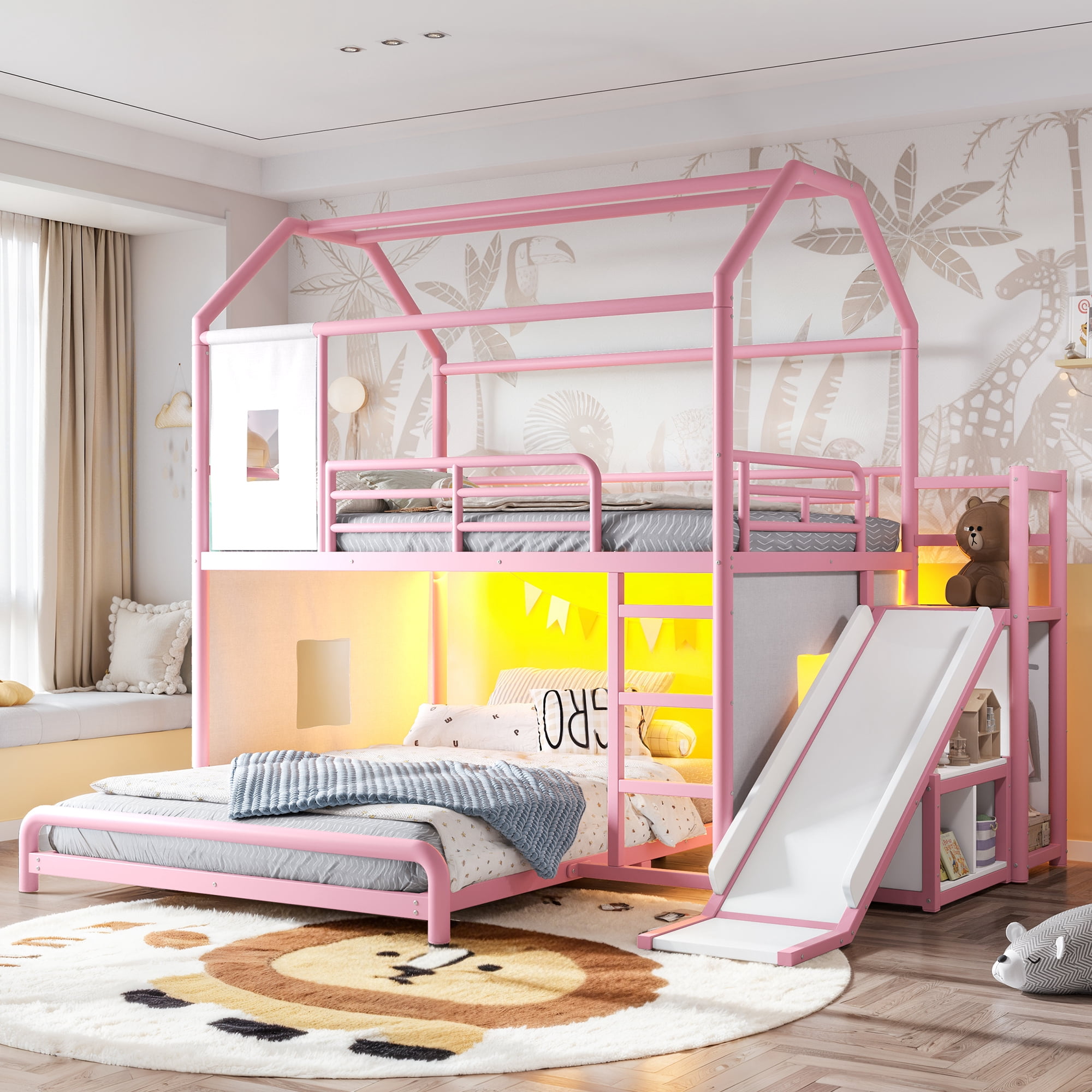 Leumius Full over Full Playhouse Metal Bunk Bed with Slide & Ladder, House Shaped Bunk Bed with LED Light Strip, Privacy Curtain, Movable Storage Cabinet and Hanging Rod for Bedroom Pink