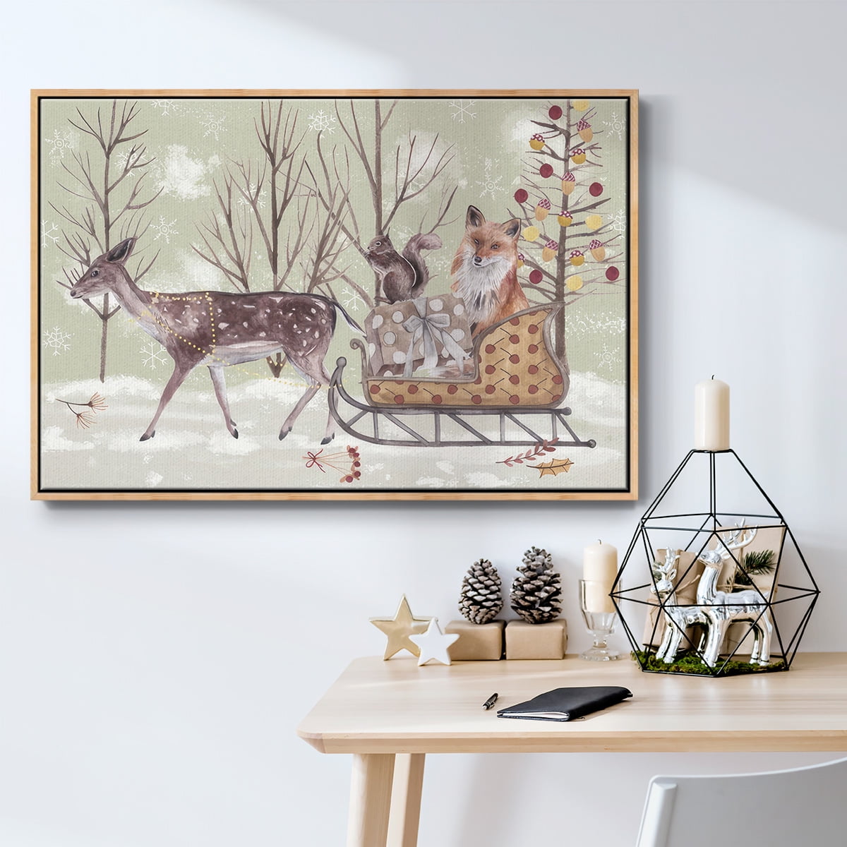 Christmas Time Collection A - Framed Gallery Wrapped Holiday Canvas - 25 x 37 - Natural Wood Frame