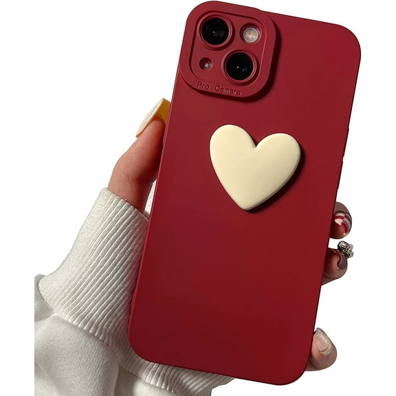 Cute 3D Love Heart Phone Case for iPhone 13 6.1 inch with Anti-Fall Lens Cameras Cover Protection Slim Dustproof Protective Cover Aesthetic Design for Women Girls, Red