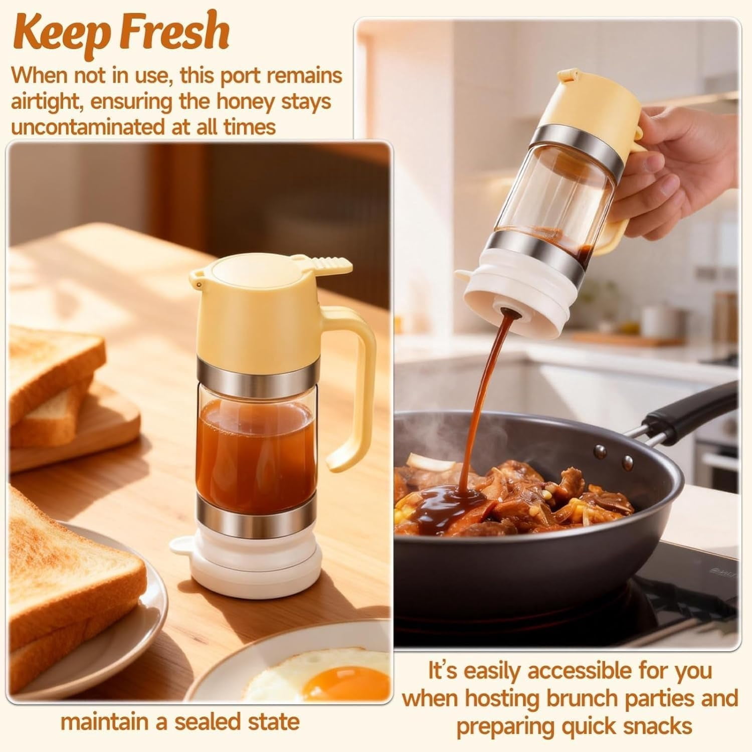 Honey Dispenser No Drip with Base,12 OZ Glass Honey Jar, Refillable No Drip Honey Jar with Handle, Clear Glass Syrup Dispenser for Honey, Maple Syrup, Coffee, Tea & Pancakes(Yellow,300ml)