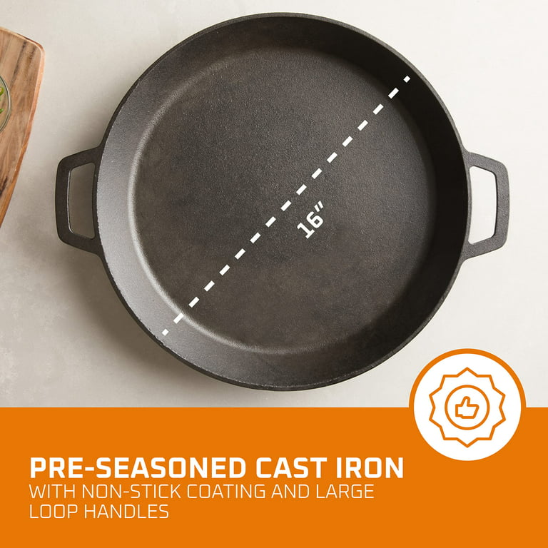 Pre Seasoned Cast Iron 16 Inch Skillet Dual Handles Durable Frying