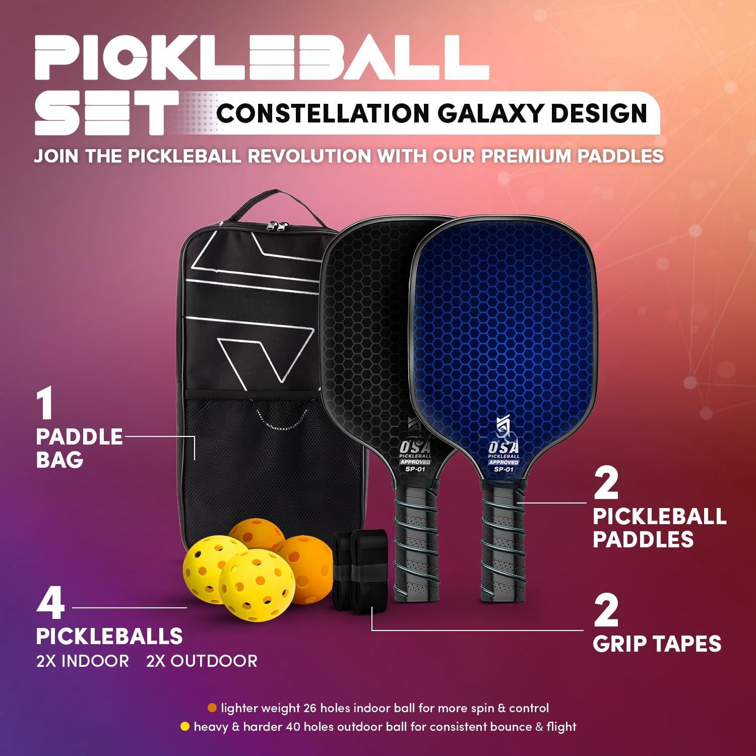 Usapa Approved Pickleball Paddle Set | Fiberglass Surface  With Balls Grip Tapes & Carry Bag Quiet Lightweight Rackets For Men Women Beginners