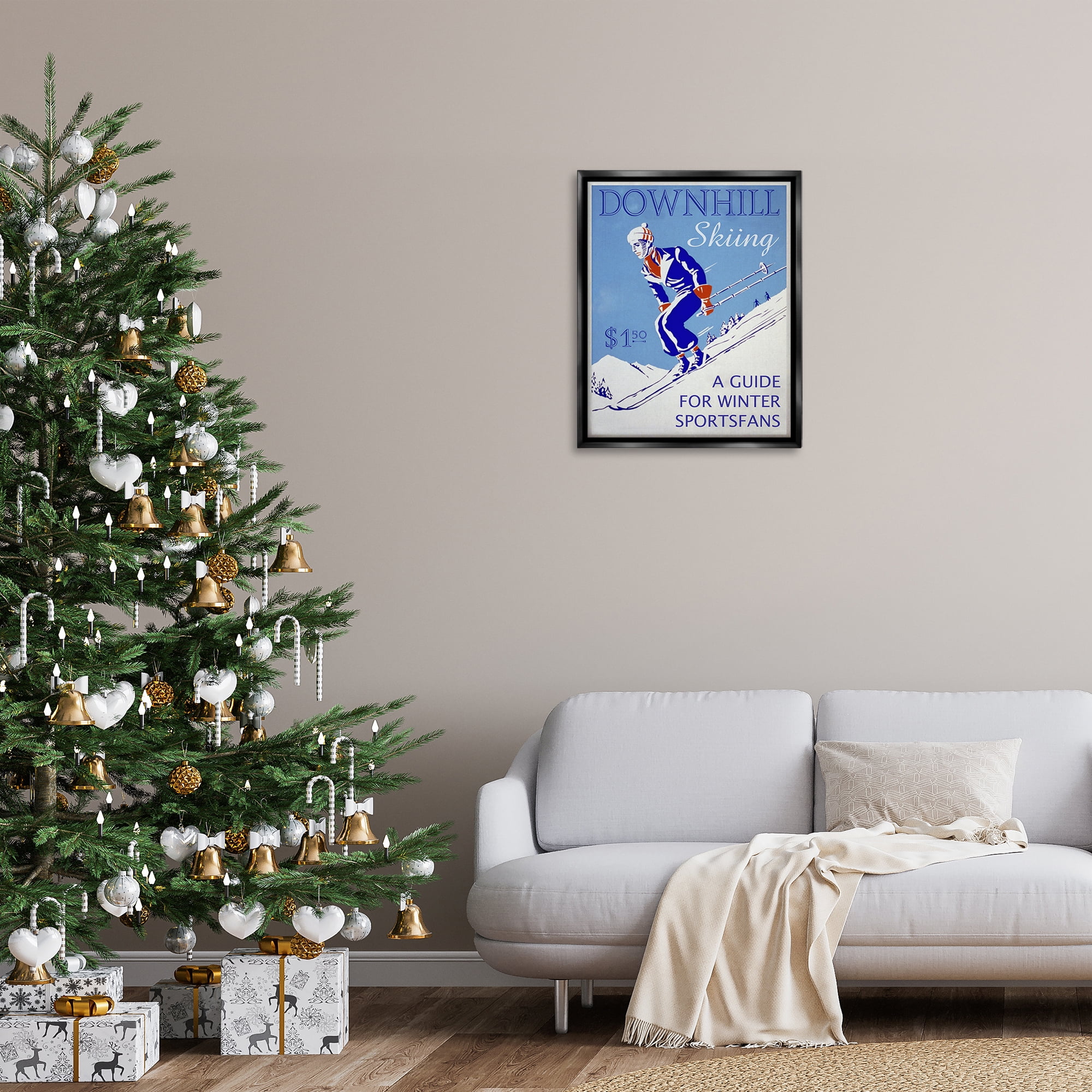 Stupell Industries Vintage Downhill Skiing Sports Painting Black Floater Framed Canvas Art Prints Wall Art, 25 x 31