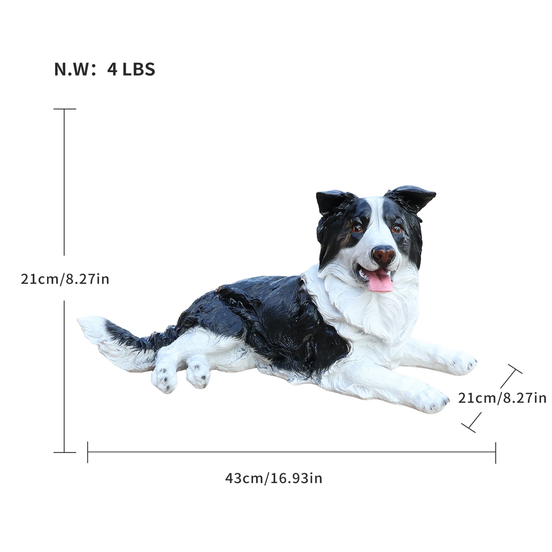 Noble House Lifelike Lying Border Collie Statue, Realistic Resin Animal Figurine for Outdoor Garden Decor, Black White