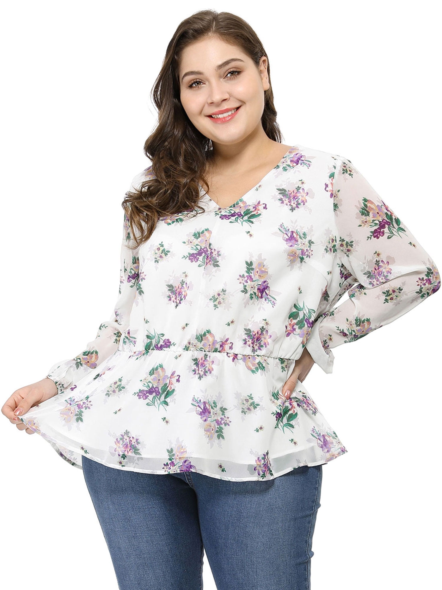 Unique Bargains - Women's Plus Size Long Sleeve V Neck Top ...