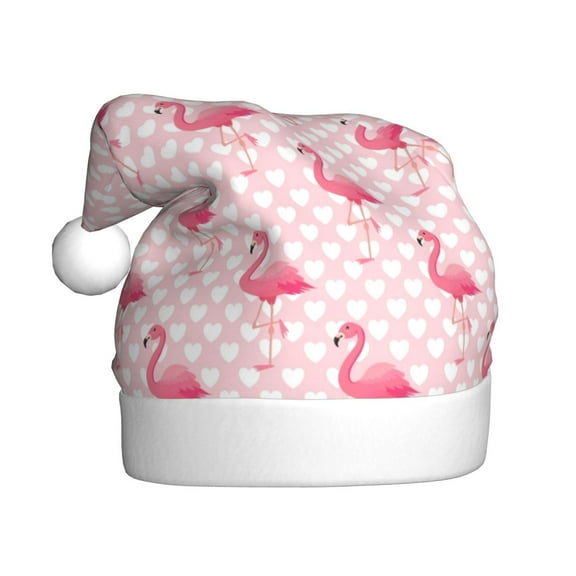 Fuzoiu Cute Flamingo with Heart Print Santa Hat Christmas Hat for Adults,Santa Hats with Pompom, Unisex Xmas Holiday Hat for Christmas New Year Festive Party Supplies