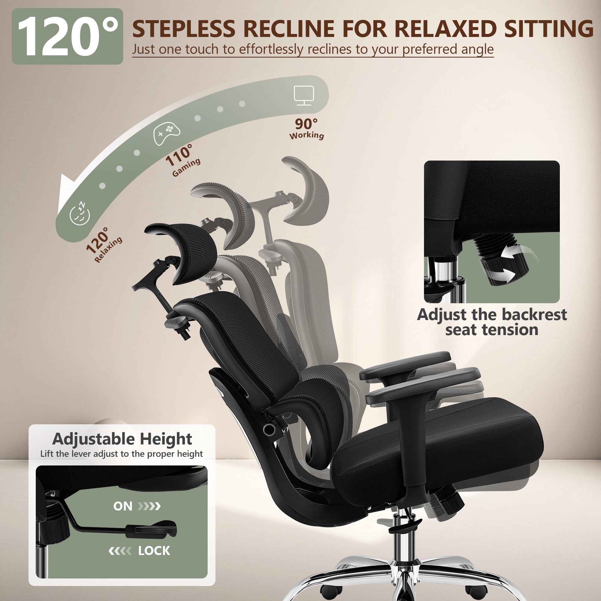 COOLHUT Ergonomic Mesh Office Chair, Big and Tall Computer Desk Chair with Adjustable Lumbar Support, Headrest and Armrest, High Back Home Office Chair for Workspace, Gaming,300LBS, Black