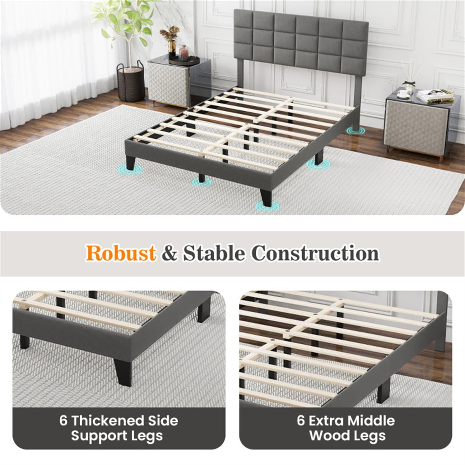 Demi Bonn Full Size Bed Frame with Adjustable Headboard, Modern Linen Platform Bed Frame with 10 Strong Wood Slat Support, No Box Spring Needed, Gray