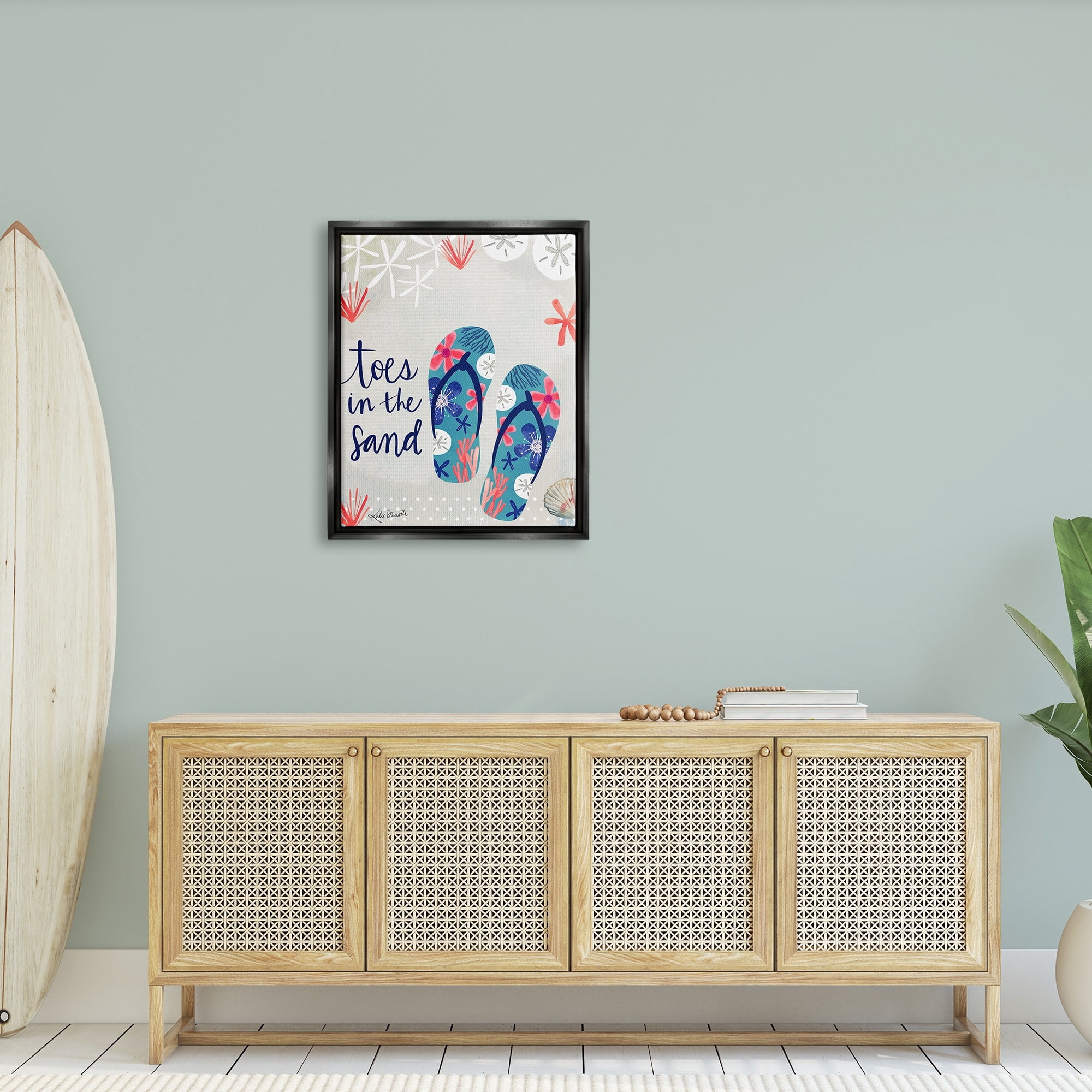 Stupell Industries Toes In Sand Varied Beach Botanical Patterned Flip-Flops Graphic Art Jet Black Floating Framed Canvas Print Wall Art, Design by Katie Doucette