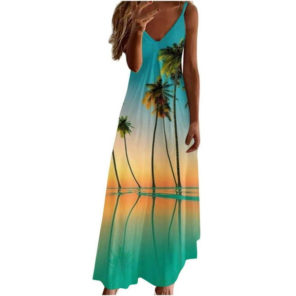 Summer Saving Wycnly Summer Dresses for Women Hawaiian Vacation Loose Swing Spaghetti Strap Long Sundresses 2024 Short Sleeve V-Neck Coconut Tree Print Maxi Formal Dress Green XXXL