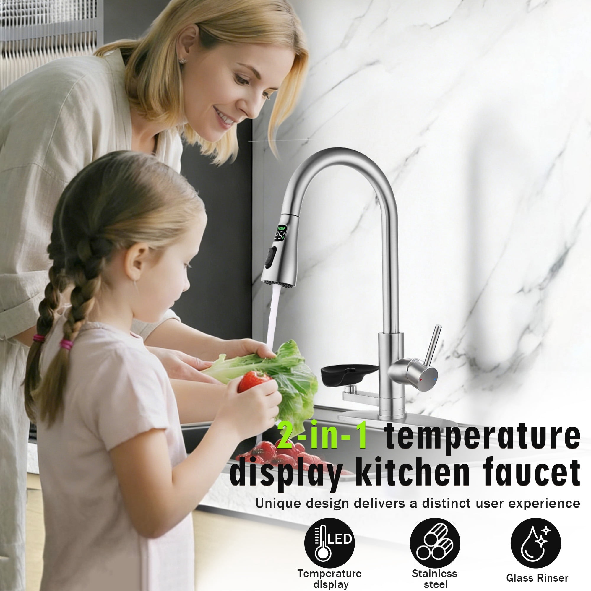 SUNRINX 3-in-1 Kitchen Faucet with LED Temperature Display and Glass Rinser, Brushed Nickel