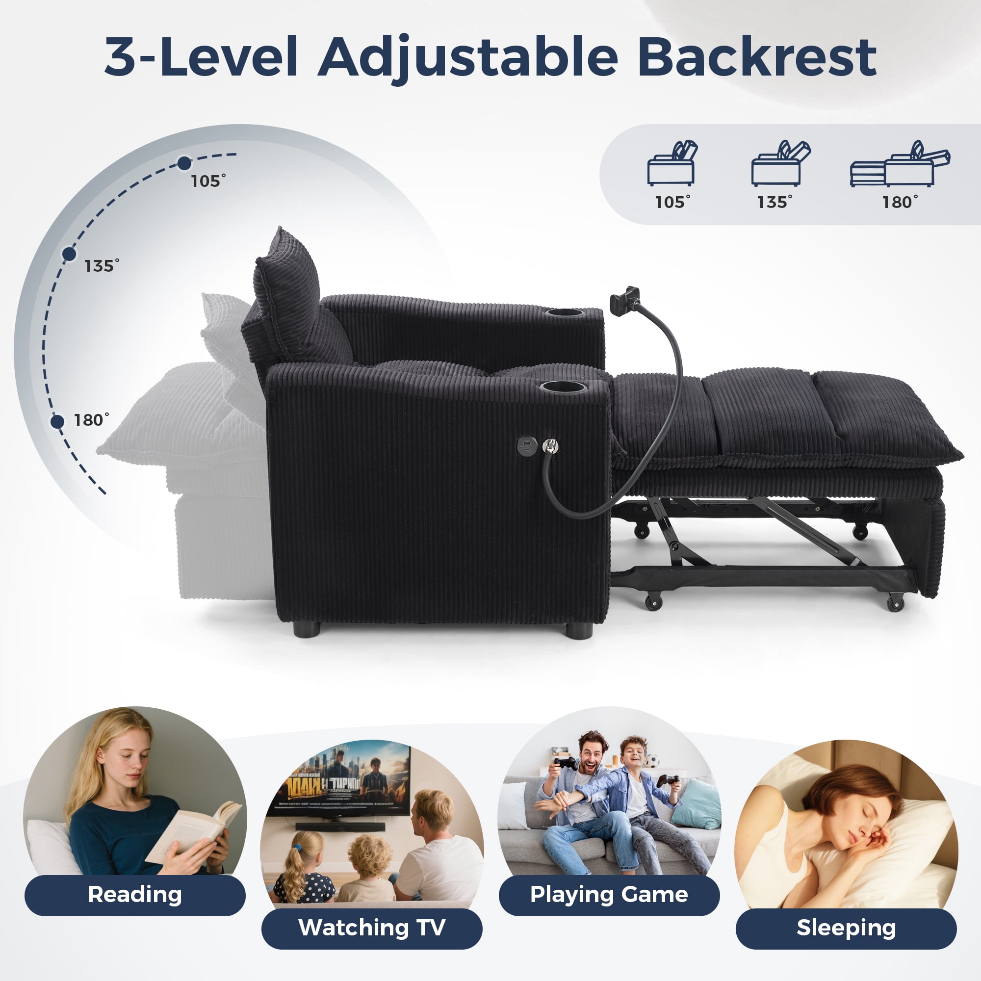 Ebello 3-in-1 Convertible Corduroy Sleeper Sofa Bed with Phone Holders & USB Ports, Pull Out Bed, Adjustable Backrest, Easy Assembly, 1-Seat(Black)